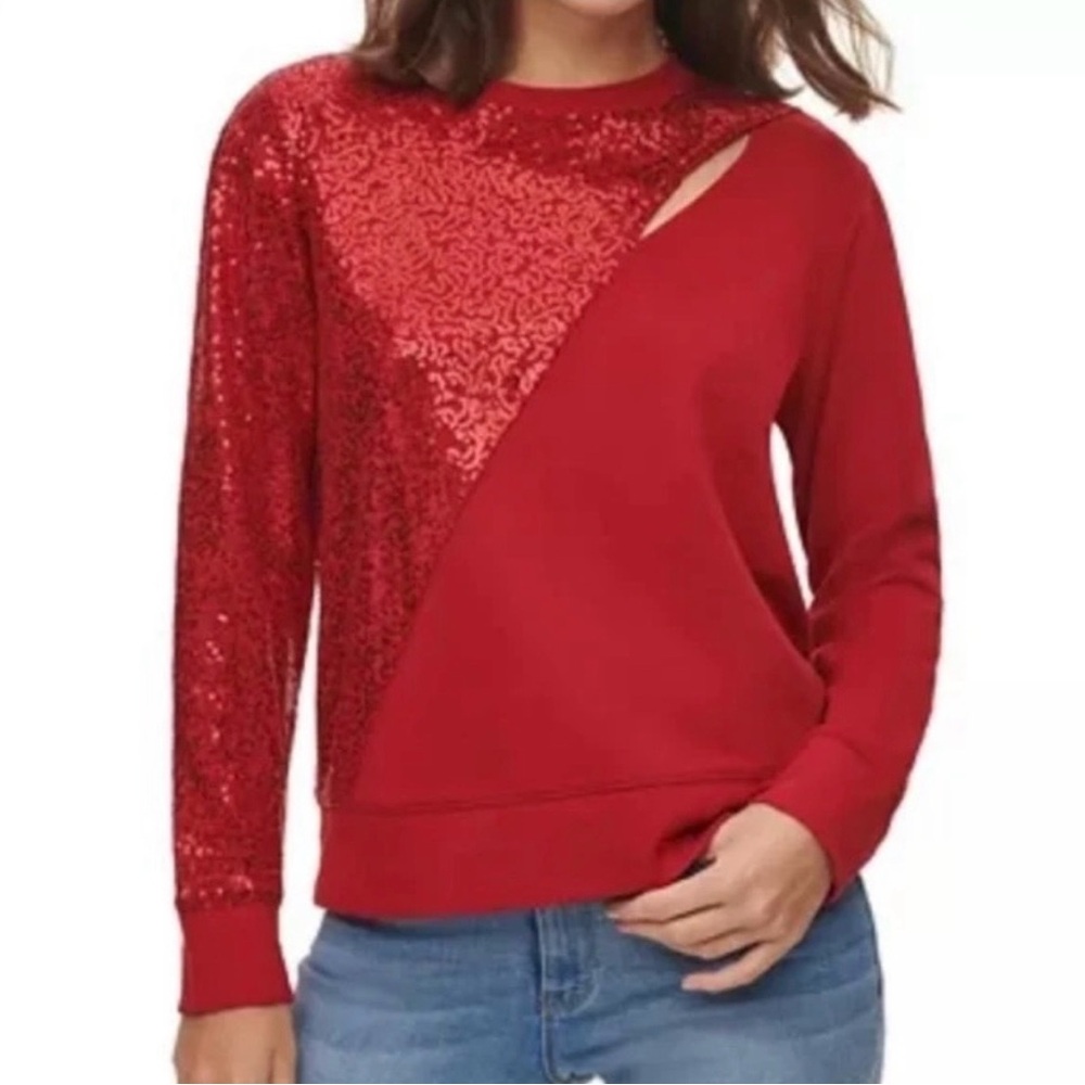 DKNY Red Sequin Cutout Pullover